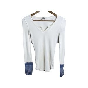 We The Free Cream Thermal with Blue Embroidered Sleeve Cuffs Size S